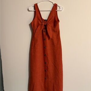 Linen Orange Button Down Dress with Tie Detail in Front